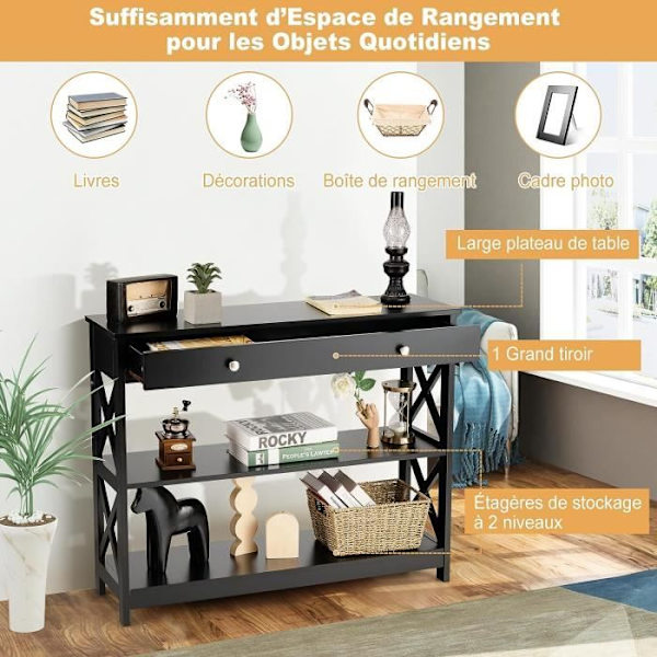 COSTWAY konsol, indgangsenhed - 100 x 30 x 80 CM - 1 skuffe og 2 opbevaringshylder til entre, stue sort
