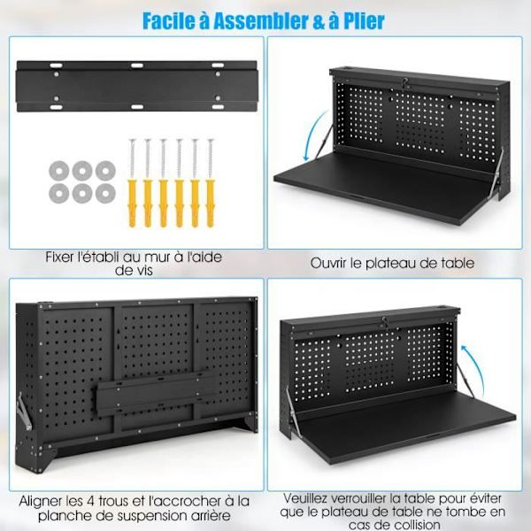 COSTWAY Wall Pegboard 2-i-1 Foldeværktøjsholder med rummelig hyldebelastning 50 kg 110 x 52 x 61 cm 90° Sidestang