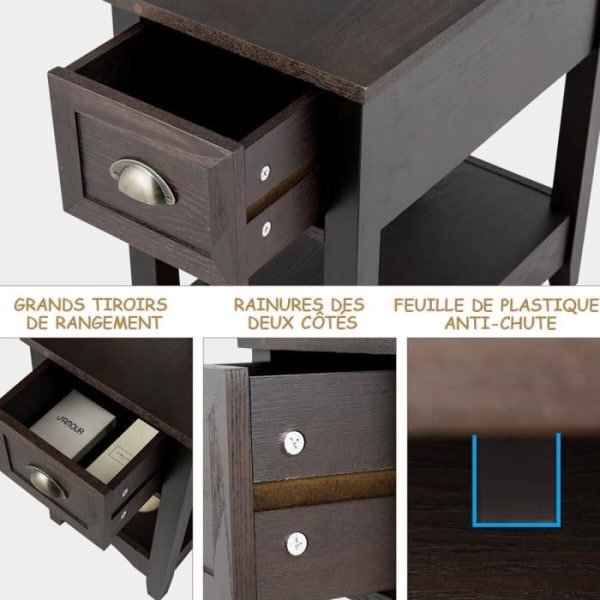 COSTWAY Set med 2 sidobord med låda, ben av gummi, 56x33x58,5 cm, Retro soffände, valnötsbrun