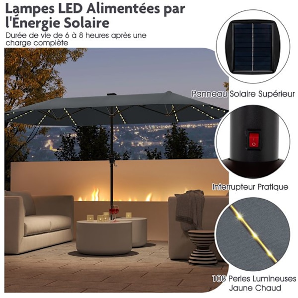 Rektangulär Trädgårdsgardin 392 x 212 x 222 cm - COSTWAY - 108 LED-lampor - 12 Robust Spön för UV-skydd Terass Grå