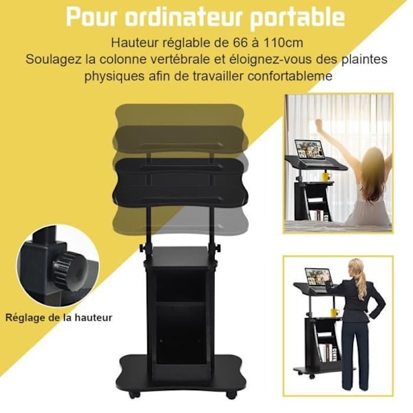 COSTWAY Computer oversengsbord på hjul Justerbar højde 66-110 cm vipbar vinkel med 2 opbevaringsenheder til kontor, hjemme