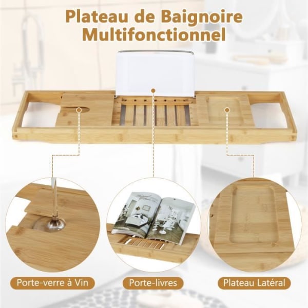 COSTWAY Bamboo Badekar Caddy med udtrækkeligt håndtag, 4-positionsholder, opbevaringsbakke, 70,5-105 x 22 x 4 cm