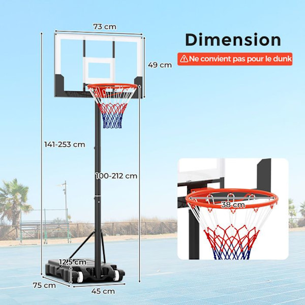 Basketballkurv på Rullende Fødder COSTWAY - Justerbar Højde 100-212 CM, Fyldbar Base, til Pool, Kørsel, Indendørs