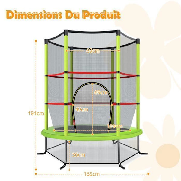 COSTWAY Trampolin til Børn med Sikkerhedsnet Ø165×1,91H CM-Med Lynlås-Inderamme-6 Polstrede Stolper-Last 45 kg-Grøn