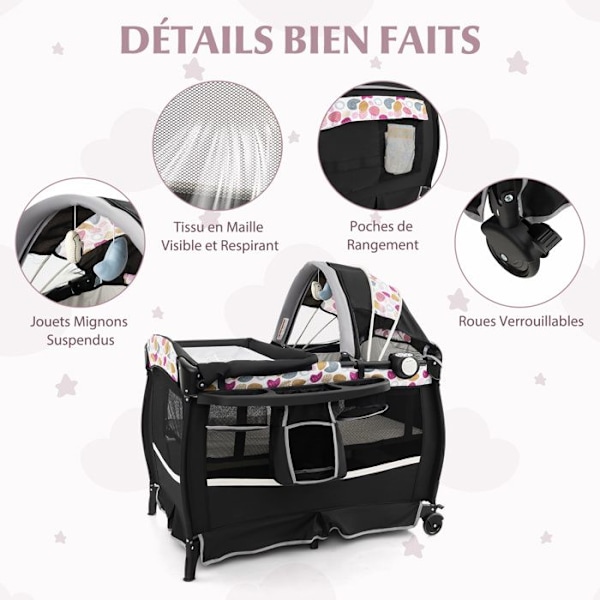 COSTWAY 4 i 1 hopfällbart babyparaply säng-med madrass, speldosa, justerbart tak-hopfällbart skötbord-3 år-lockigt svart