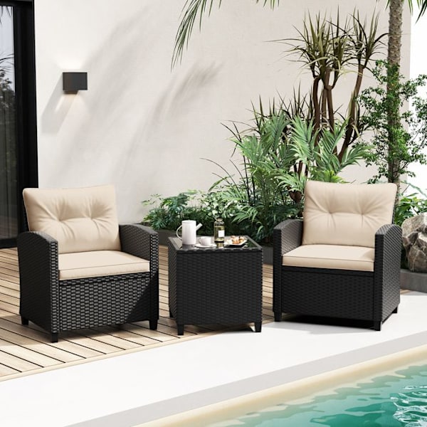 COSTWAY Have møbler i rattan 3 PCS, Sofabord og 2 Stol, Polstrede sæde- og rygpuder, Beige >Färg på kudden: Beige >Färg på rot