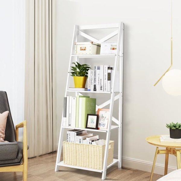 COSTWAY Moderne 4-lags opbevaringshylder 51 x 46 x 143 CM Stige reol med X-formede forstærkningslameller, hvid Vit