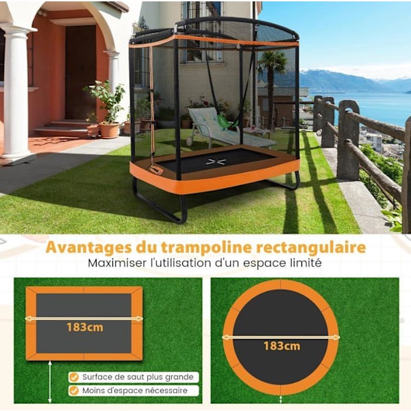 COSTWAY studsmatta för barn rektangulär 190x122cm 3 i 1 med gunga, horisontell stång-40 galvaniserade fjädrar 100 kg-gul svart och orange