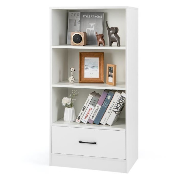 COSTWAY 4-lags reol - 60 x 38 x 120 CM - Skuffe - Anti-vippeanordning - Møbel/opbevaringshylde - Hvid