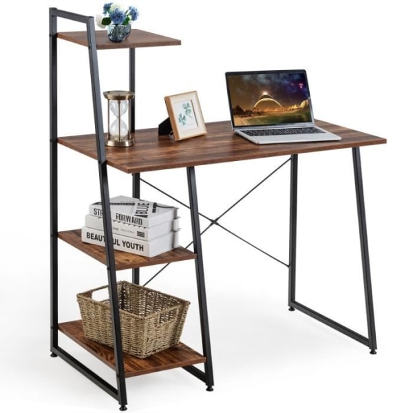 COSTWAY computerbord med 3 opbevaringshylder X-formet metalramme Justerbar glide 98x50x118CM til Office Brown kastanj