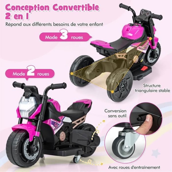 2 i 1 elektrisk motorcykel til børn 6V - COSTWAY - 2/3-hjulskonvertering - i 18-36 måneder - LED-forlygte - Musik - Horn - Pink Rosa