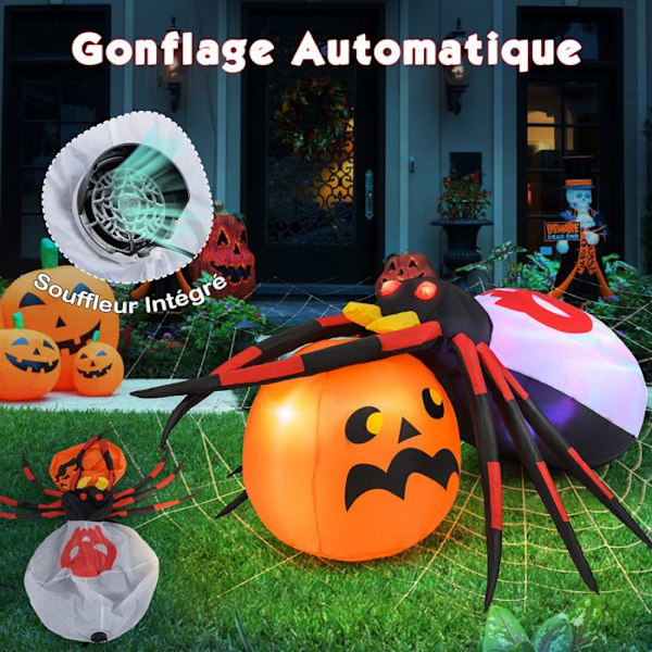 COSTWAY oppusteligt edderkoppegræskar 150x140 cm, LED oppusteligt græskar Halloween dekoration med farverigt roterende lys