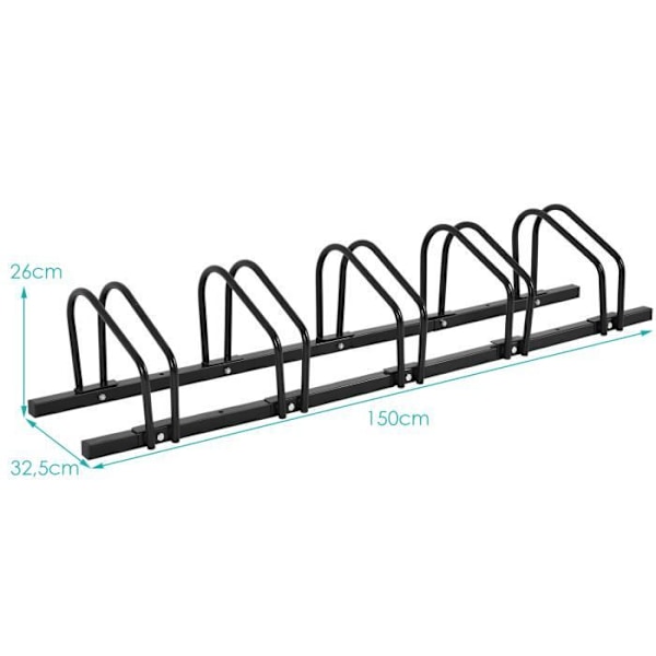 COSTWAY Cykelstativ til 5 Cykler i Stål Til Gulv- eller Vægmontering 150x32.5x26CM Vejrbestandig Rustfri Skole Handel Sort
