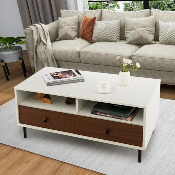 COSTWAY træsofabord med 2 skuffer og 2 opbevaringshylder, multifunktionelt sidebord til sofa, stue, soveværelse