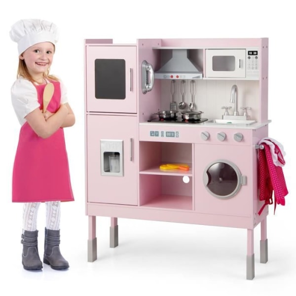 COSTWAY Träkök för barn 3 år+ - 16 tillbehör, ljud- och ljuseffekt med telefon, rosa kockkläder