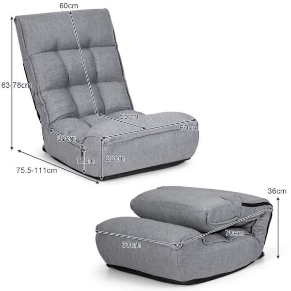 COSTWAY Foldseng Relax - 4 Positioner Justerbar Ryglæn 90°-150° i Grå Linned Design