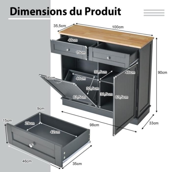 COSTWAY køkkenskænk med gummiplade, 2 skuffer, justerbar hylde og skab til at rumme 42 l beholder, grå
