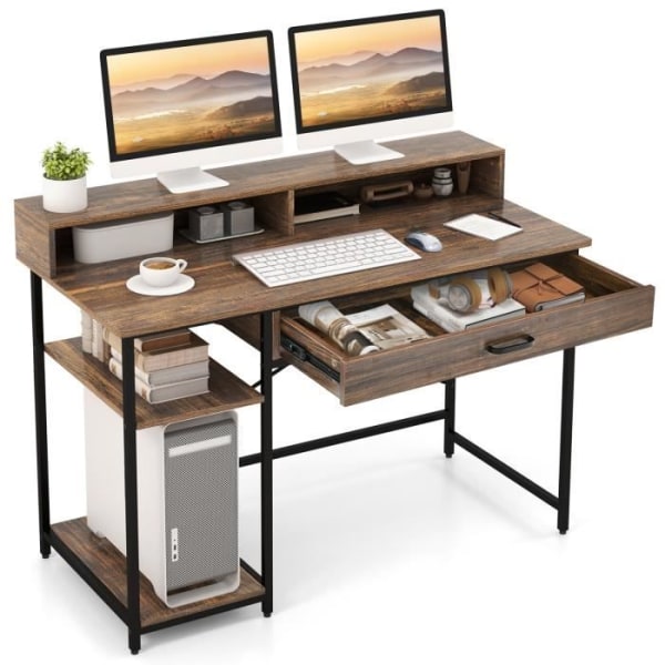 COSTWAY stort skrivbord - bildskärmsställ för 2 datorer, industriell stil 120 x 56 x 90,5 CM, 2 lådor, 2 bruna hyllor