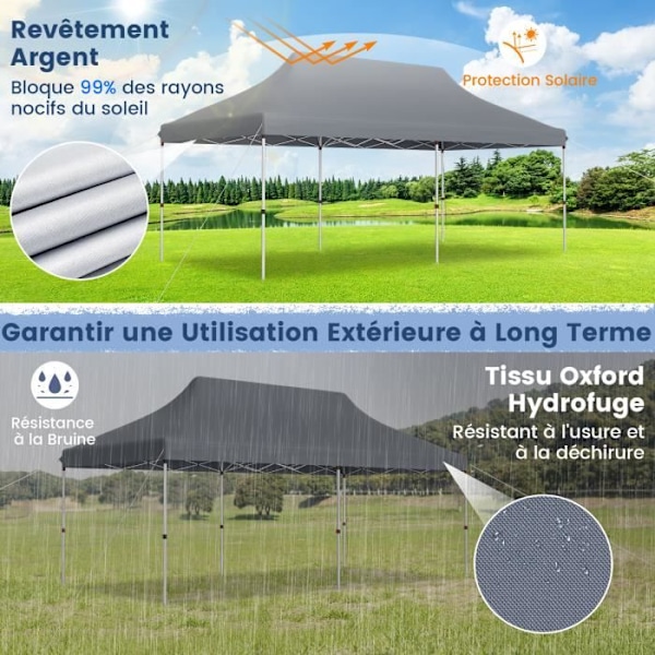 COSTWAY Folding Garden Gazebo 3x6M - UPF50+ Solskydd, Vattentät - Bärväska - 3 justerbar höjd - 15 till 20 personer - Grå