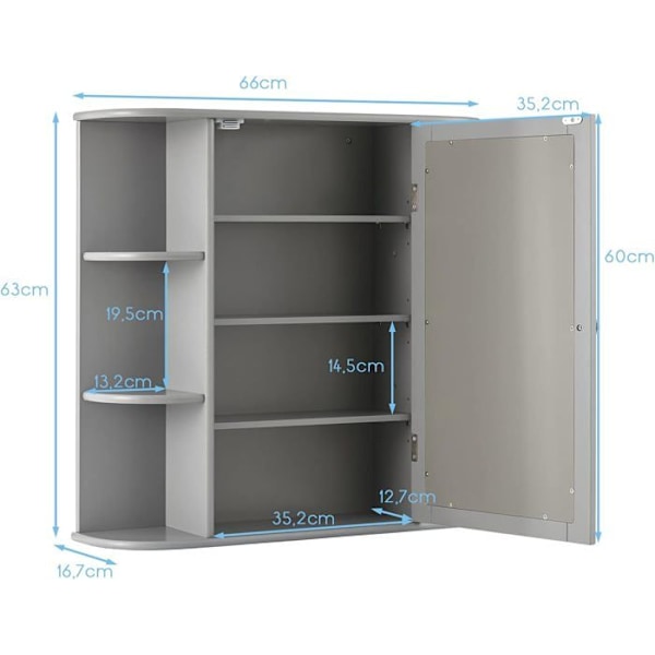 COSTWAY Badeværelsesvægskab med spejl Toiletopbevaring med dør og 6 hylder 65 x 16,5 x 63 CM Grå Grå