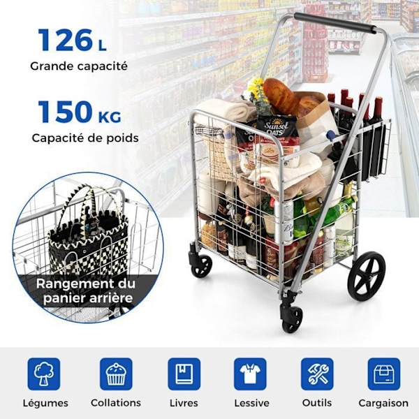 COSTWAY-2 Indkøbsvogn Indkøbsvogn (126L)-Vandtæt Oxford Taske-Foldbar Indkøbsvogn med 4 360° drejelige hjul-Kapacitet 150KG-Sølv Pengar