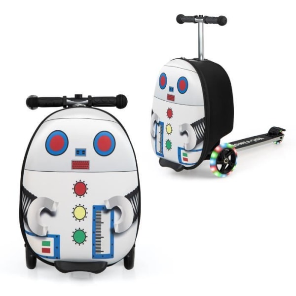COSTWAY 2 i 1 skoter för barn med 3 LED-hjul, 19” hopfällbar barnväska, säkerhetsbromsning, 26 L, 5 år+, robot