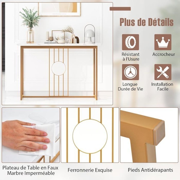 COSTWAY Konsolbord, Entrémöbel med marmoreffekt 120 x 30 x 80,5 CM (L x B x H) - Guldmetallram, skandinavisk stil vitt och guld