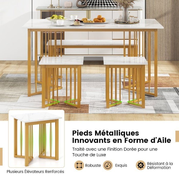 COSTWAY 4-delat matbordsset med bänk och 2 pallar Modernt med metallben för lägenhet, matsal
