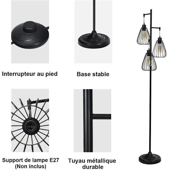 Industriel metal gulvlampe 168CM COSTWAY-3 Diamantformet lampeskærme-Fodkontakt-E27 3 farver (pære medfølger ikke)