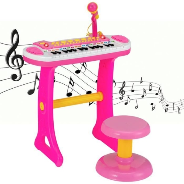 COSTWAY barnpiano för 3+ år med 31 tangenter, pall, mikrofon, ljuseffekter, 8 toner, 7 rytmer, 45x23x45cm, rosa