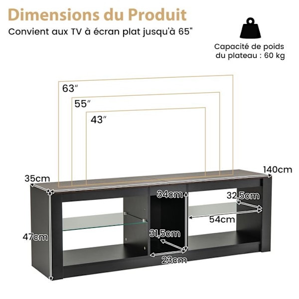 COSTWAY 65" TV-teline 20 LED-valovärillä, säädettävät karkaistut lasihyllyt, 4 lokeroa, 140 x 35 x 47 cm Svart