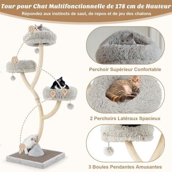 COSTWAY Cat Tree 178CM med 3 hängande bollar, 3 sittpinnar, Sisal skrapstolpe, Cat Tower med böjd metallram, Grå