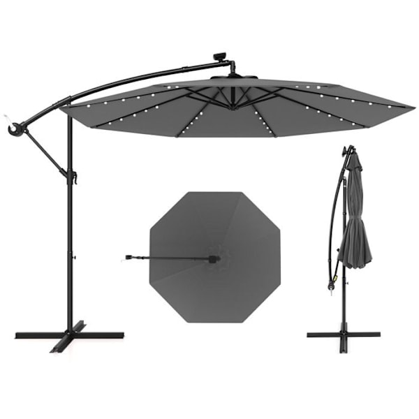Parasol Déporté 300 x 250 cm-COSTWAY-med 40 LED - Korskors - Lutningsjustering - Veva - 360° Rotation - Grå