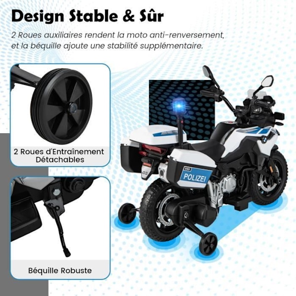 COSTWAY BMW 12V/7AH El-motorcykel til børn, 6km/t politimodel med horn, musik, sirene, forlygter i 3 - 8 år Vitt, svart och blått