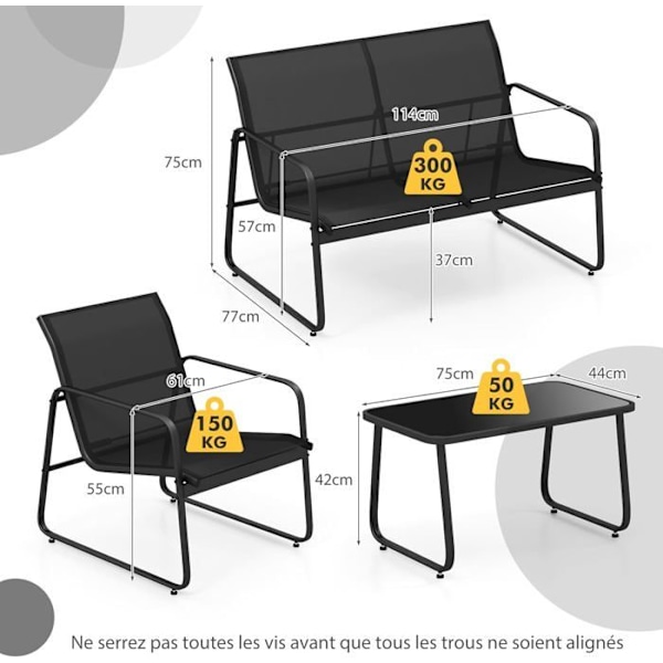 COSTWAY Haveborde 4 PCS med 2 Stole og 1 Dobbeltsofa, Have Møbel Sæt i Åndbart Stof, Sort Svart
