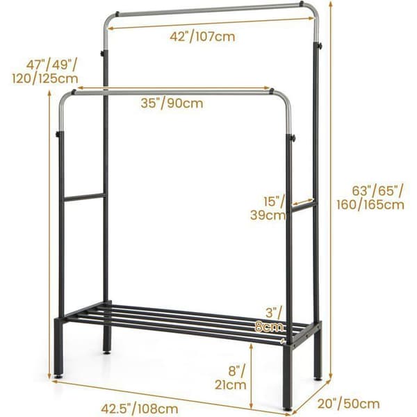 COSTWAY Solid 2-bar metal tøjstativ med skostativ, sølv og sort Sort og sølv