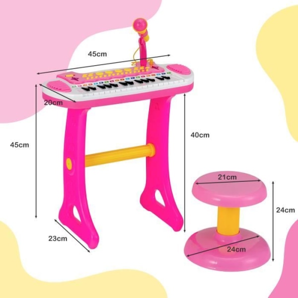COSTWAY barnpiano för 3+ år med 31 tangenter, pall, mikrofon, ljuseffekter, 8 toner, 7 rytmer, 45x23x45cm, rosa