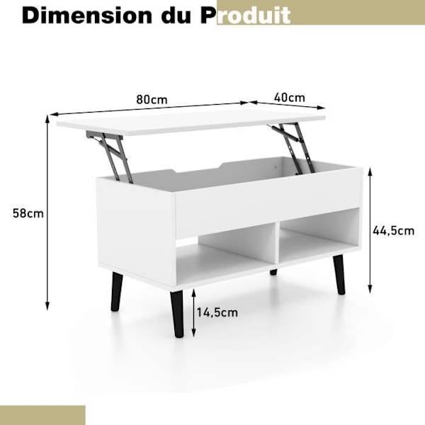 COSTWAY Sofabord med Lift Top Moderne stuebord med skjult opbevaring 2 åbne rum 80x40x44,5-58CM Hvid Vit