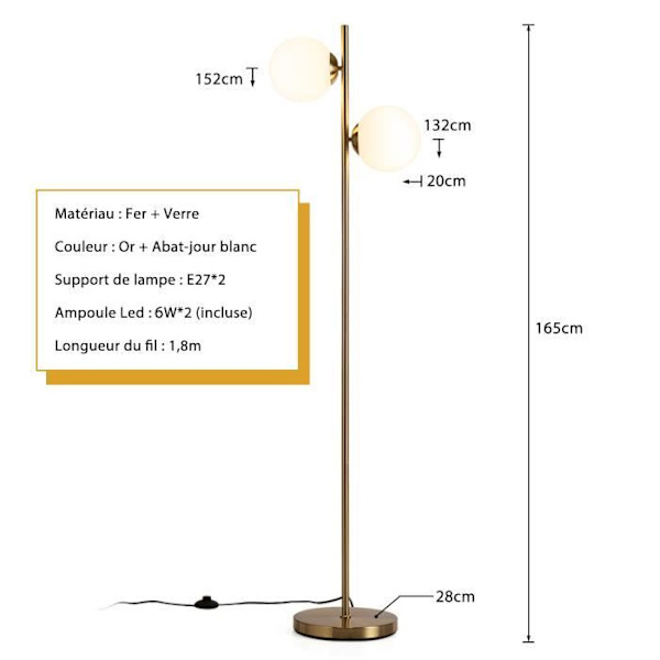 COSTWAY Golvlampa Vardagsrum-2 Globeskärmar i frostat glas med 2*6W LED-lampor-fotströmställare-Guld Post-sovrum,kontor