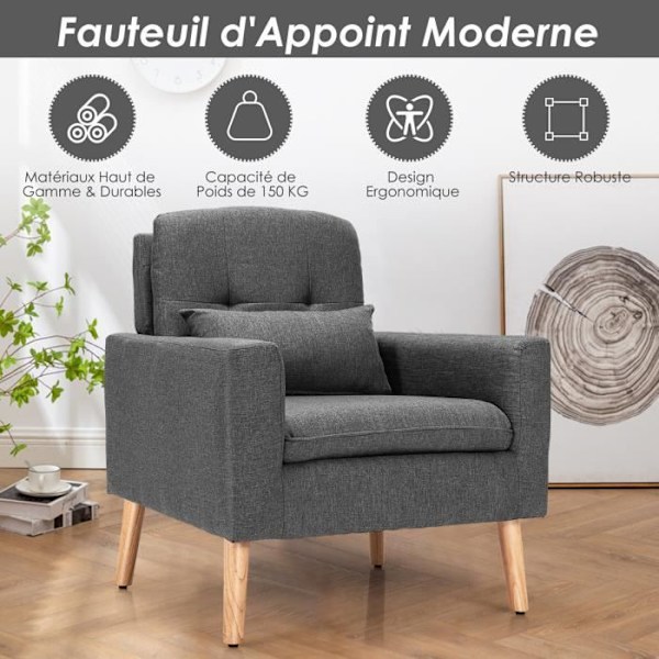 COSTWAY Modern Accent Fåtölj med svankdyna, 77 x 74 x 85 cm, Linnetyg, Max belastning 150 kg, Grå Grå