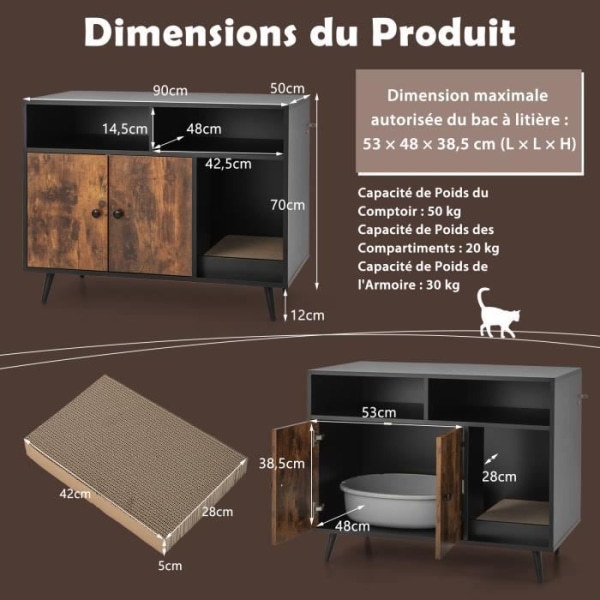 COSTWAY Industrikattetoilethus med kradsestolpe 90x50x70cm kattebakke med 2 døre, anti-vippeanordning
