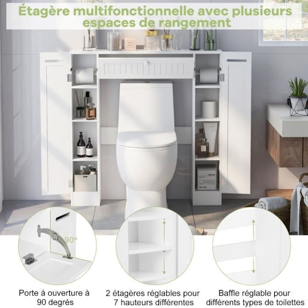 COSTWAY Badeværelsesmøbler WC Opbevaringsskab med justerbare hylder og toiletpapirholder, 89 x 19,5 x 99 cm, Hvid Vit