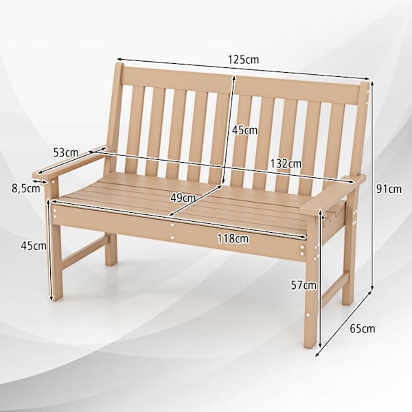 COSTWAY Bänk för Trädgård 132cm 2 Personer i HDPE, Ryggstöd och Armstöd, Terrasssoffa med Latten för Veranda Gräsmatta, Naturlig Naturlig