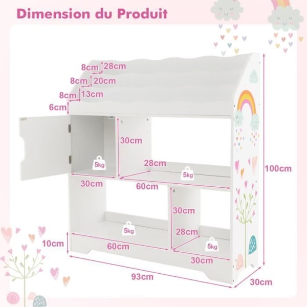 COSTWAY 3 i 1 børnelegetøjsopbevaring, 93 x 30 x 100 cm, reol til legeværelse, soveværelse, hvid Vit
