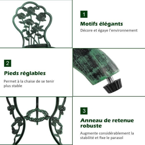 COSTWAY Uteplatsbord och 2 stolar i gjutet aluminium, rosform, paraplyhål, för terrassen på innergården Mörkgrön