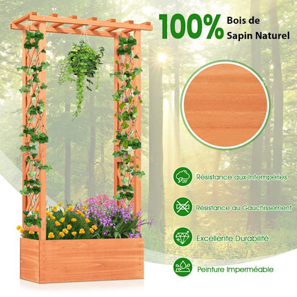 COSTWAY Träförhöjd plantering med spaljé för klätterväxter, upphängt tak, dräneringshål, 66 x 32 x 152 cm Orange