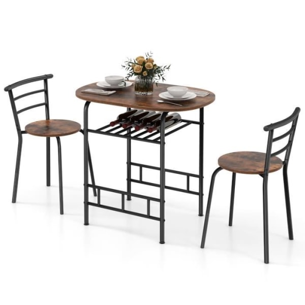 COSTWAY Matsals- och köksbord och 2 stolar, med vinställ, metallram, 80 x 53 x 77 cm, brun