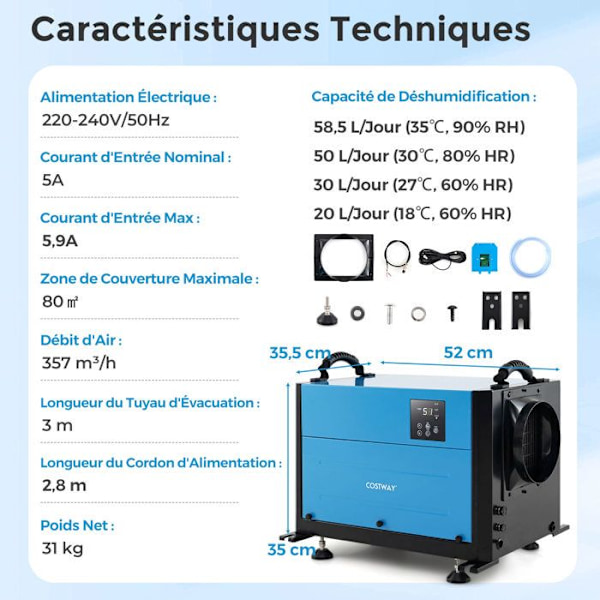 Professionell avfuktare COSTWAY-58,5 L/Dag-3 lägen-24 H-timer-Avloppsslang-Automatiskt avfrostning-Källare-Lager-Blå