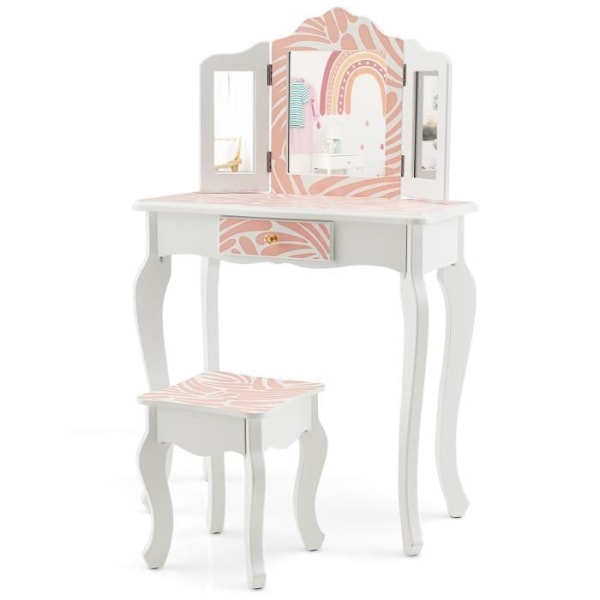 COSTWAY 2-i-1 sminkbord för 3-7 åringar med löstagbar 3-faldig spegel, sminkbord med pall och låda, rosa