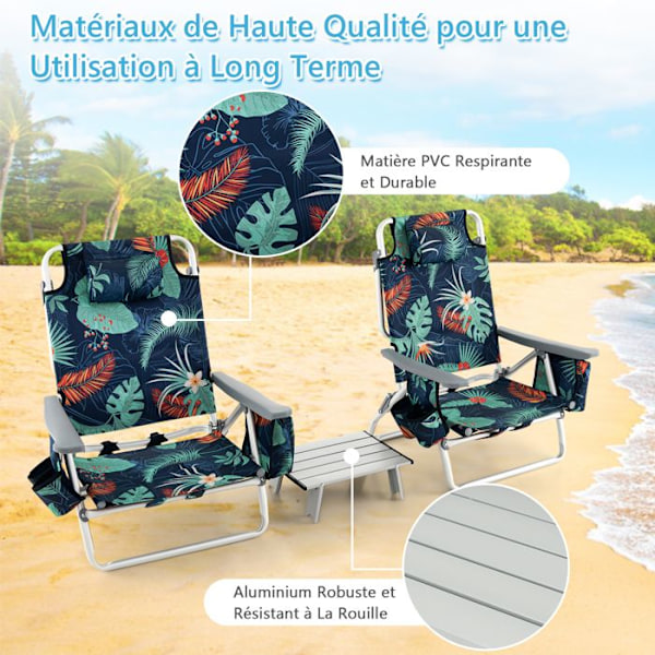 COSTWAY Ensemble 3-pc med 2 Klapstole og Rullbart Bord, Hovedpude, Justerbar Ryg i 5 Positioner, Blomsterdesign